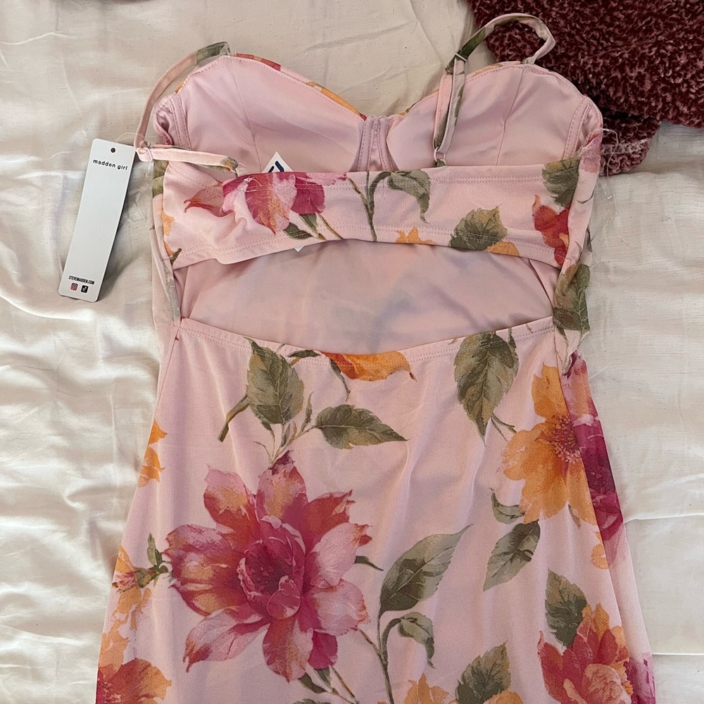 Pink Floral Strappy Midi Dress